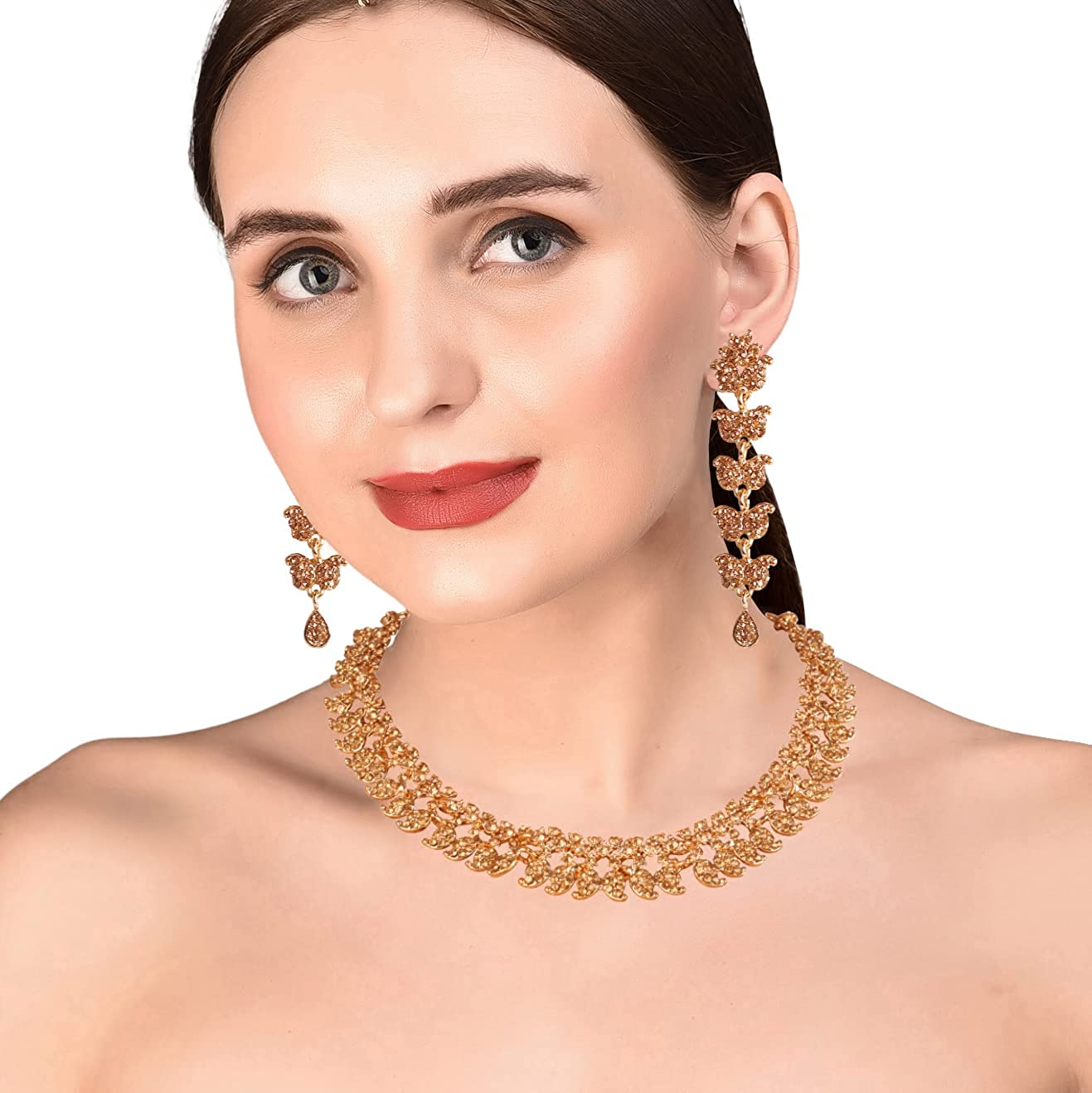 Touchstone Hollywood Glamour crystals rhinestones paisley motif grand jewelry necklace in antique gold or white tone for women - Image 8